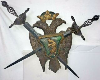 Vintage Large Polish Carved Wood Crest Crown Double Eagles Wall Shield 2 Swords