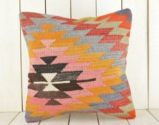 One - Of - A - Kind Handmade Vintage Boho Geometric Colorful Kilim Throw Pillow 16x16