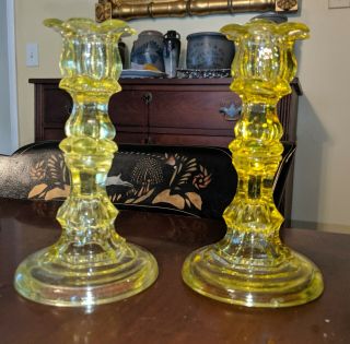 Pair Antique Canary Yellow Flint Glass Candlesticks American Boston Sandwich