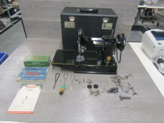 Vintage Singer Featherweight Portable Sewing Machine Model 221 W/ Accessories