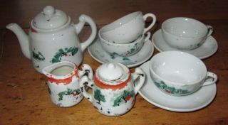 Vintage Childs Porcelain Tea Pot Cream & Sugar Cups & Saucers Set