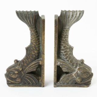Set Of 2 Antique Cast Iron Bookends Art Nouveau Fish 6.  5 " L Brass Finish