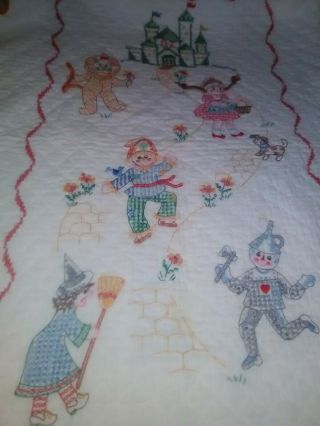 Vintage Wizard Of Oz Hand Made Cross Stitch Baby Quilt Crib Blanket Land Of Oz