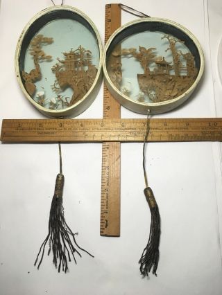 2 Vintage 1940’s Glass Cases Cork Carving Red Cranes Chinese Antique Artwork