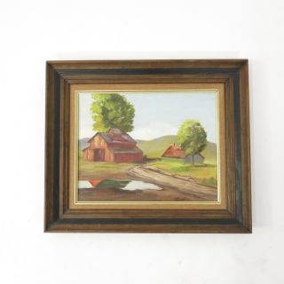 Vintage Rustic Wood Frame Red Barn Country Landscape Signed Oil Painting
