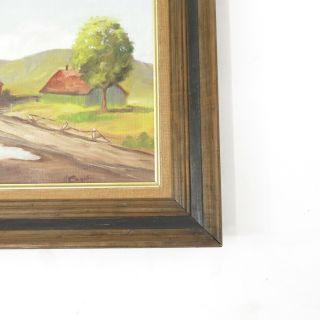 Vintage Rustic Wood Frame Red Barn Country Landscape Signed Oil Painting 2