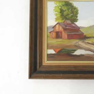 Vintage Rustic Wood Frame Red Barn Country Landscape Signed Oil Painting 3