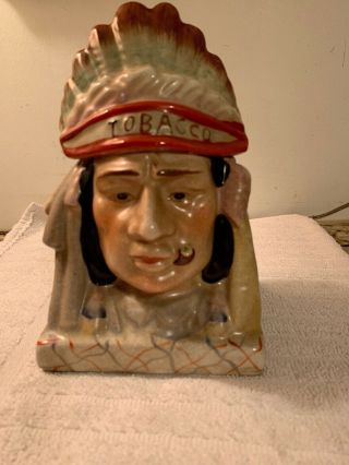 Vintage Ceramic Figural Indian Chief Humidor Native American Smoking Cigar Chief