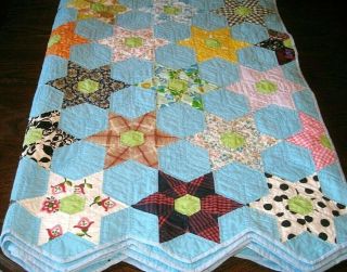 Vintage 6 - Point Star Blue Patchwork Block Quilt 70 " X 87 Beautifully Quilted