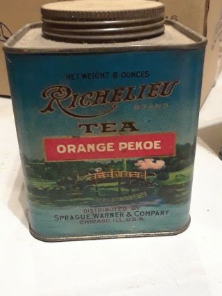 Vintage Richelieu Orange Pekoe Tea Tin Great Colors & Graphics Chicago Il