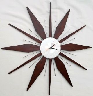 Huge Vintage Mid Century Modern Starburst Wood Metal Wall Clock Big 30 "