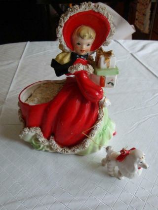 Vintage Napco Christmas Planter Ceramic Spaghetti Lady Poodle Presents - Htf Red