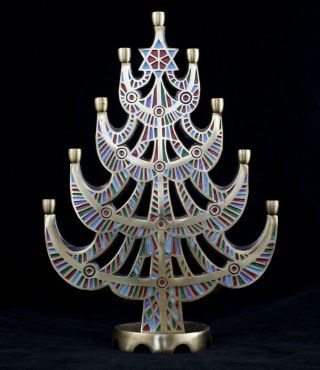 Vintage Terra Sancta Brass Enamel Multi - Color Menorah Tree Jewish Candle Holder