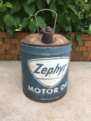 Vintage Oil Can 5 Gallon Zephyr Motor Oil Usa Blue And White