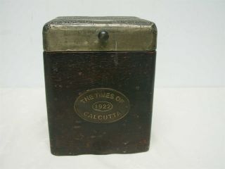 Antique 1922 " The Times Of Calcutta " Wood Hinged Box W Hammered Metal Top 7.  75 "