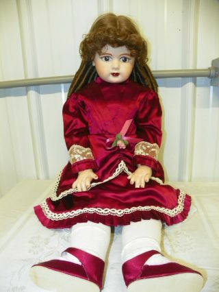 28 " Bisque Porcelain Full Body Jointed Doll Red Satin Dress Antique Look Reprod?