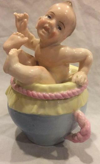 Antique German Heubach Hand Painted Porcelain Piano Baby Mustard Pot Jar 5 1/2”t
