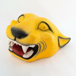 Vintage Mexican Jaguar Wood Carving Mask Hand - Painted Yellow 11 Inches