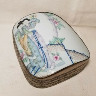 Vintage Chinese Large Curved Shard Porcelain Top Metal Trinket Box
