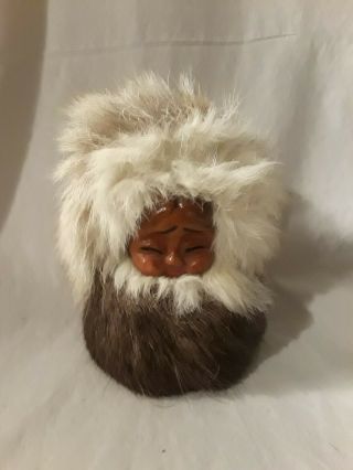 Vintage Alaskan Eskimo Inuit Hand Made Wood Carved Carving Real Fur Girl / Baby