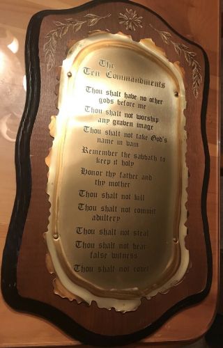 Vintage Wood & Brass Ten 10 Commandments Wall Plaque Interior Design Frame
