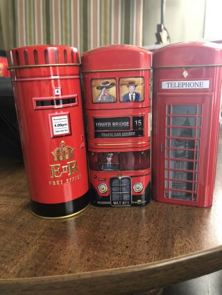 Tin Coin Banks English Tea Tin Boxes Set Of Three Phone Booth - Double Bus