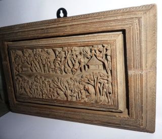 Vintage Wooden Miniature Hand Carving Wall Hanging Village Theme Carving Panel