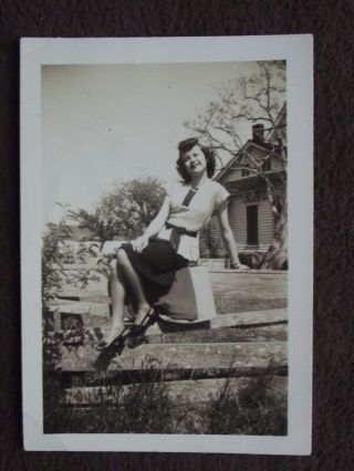 Sexy Young Lady Sitting On Fence Railing Vintage 1940 