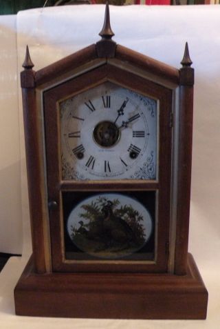 Shlf Antique 19th C Seth Thomas 8 Day Spring Clock Quail Motif,  Walnut Chiming