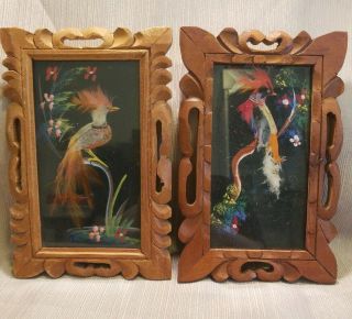 2 Vintage Mexican Feathercraft Bird Pictures Hand Carved Wood Frame,  Cartimex