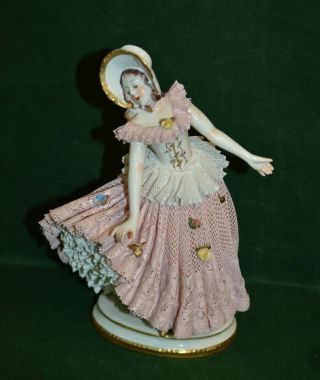 Vintage Volkstedt Dresden Lace Figurine Of A Woman Wearing A Hat