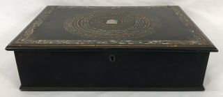 Antique Victorian Black Lacquer Papier Mache Inlaid Mother Of Pearl Lap Desk Box