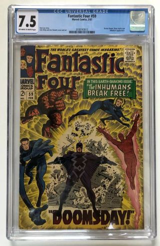 Fantastic Four 59 Cgc 7.  5 Doctor Doom,  Silver Surfer,  Inhumans.  Ow/w Pages