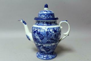 Rare 19th C Historical Blue Coffee Pot With Man & Woman In Fantastic