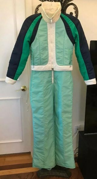 Vtg 70s 80s Aspen Womens Sz M Ski Bunny Jacket Puffy Snow Suit Seafoam Green