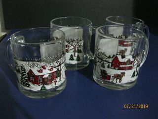 Vintage Clear Christmas Mugs With Christmas Scene Set Of 4 Made In U.  S.  A.