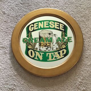 Genesee Cream Ale Beer On Tap Bar Round Mirror Sign,  Wood Framed 17” Diameter