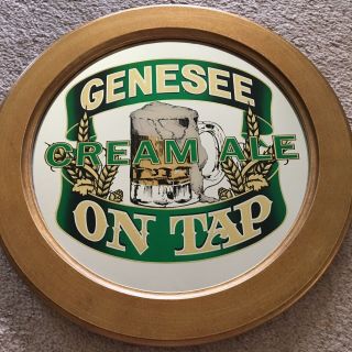 GENESEE CREAM ALE Beer On Tap Bar Round Mirror Sign,  Wood Framed 17” Diameter 2