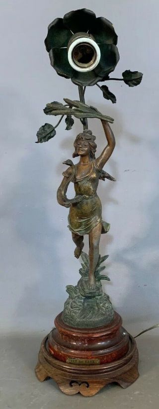 Antique Art Nouveau Era Newel Post Figural Lady Swan Harp Statue Bannister Lamp