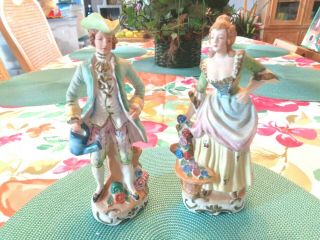 Pair - Bisque Colonial Style Man & Woman Occupied Japan Figurines