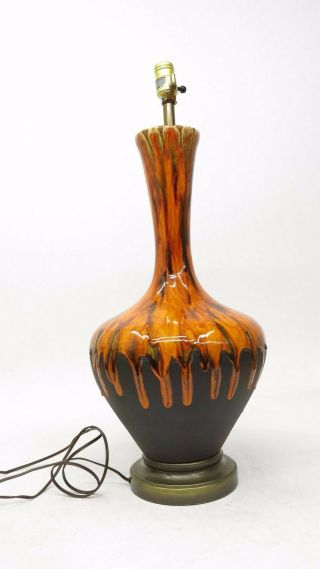 Vintage Mid - Century Orange Drip Lava Glaze Tall Ceramic Lamp