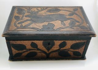 Antique Black Forest Walnut Wood Carved Deer Stag Jewelry Trinket Box