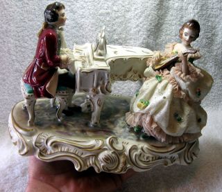 Large Exceptional Dresden Volkstedt German Porcelain Lace Figurine Of Musicians