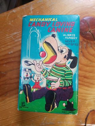 Vtg Tin Litho T.  P.  S.  Mechanical Candy Loving Canine,  Wind Up Toy,
