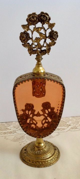 Vintage Large Matson Filigree Rose Ormolu Amber Glass Perfume Bottle With Dauber