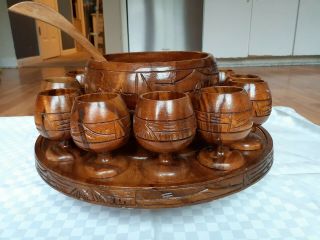 Vtg Mcm Hand Carved Tiki Wood Rotating Punch Bowl 12 Cups & Ladle Philippines