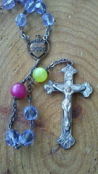 Vintage Sterling Silver Cross With Faceted Glass Beads Rosary.