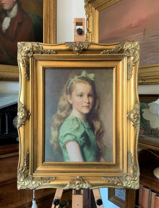 Pretty 20thc Vintage Antique Print On Canvas Portrait Painting Of A Young Girl