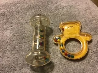 2 Vintage Hard Plastic Baby Rattles: Teddy Bear And Spiral Cylinder