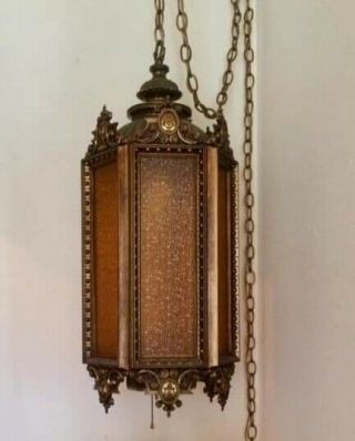Vtg Mid Century Gothic Spanish Revival Hollywood Regency Swag Lamp Glass Brass